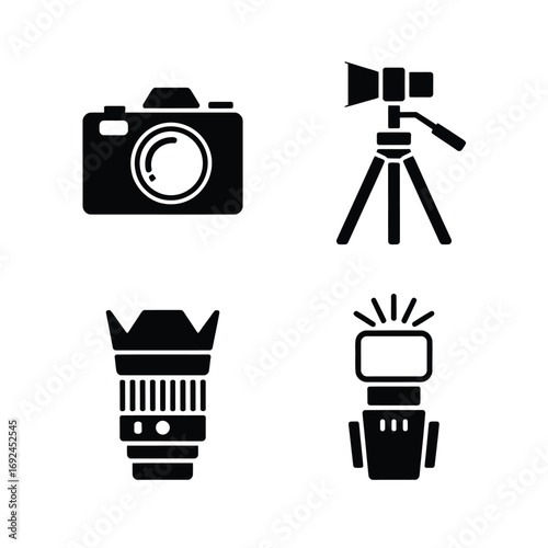 Photography equipment icons set black minimalist camera lens tripod flash icons silhouette vector illustration white background