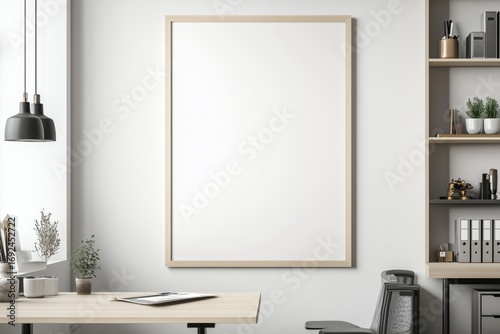 Quadro em branco com moldura de madeira em diferentes ambientes de escritório e home office modernos, decorados com plantas, luminárias e objetos de design, IA generativa