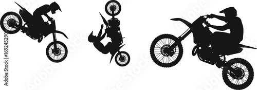 Silhouettes of motocross riders executing extreme aerial stunts on dirt bikes, ideal for motorbike sport vector illustrations and design projects.