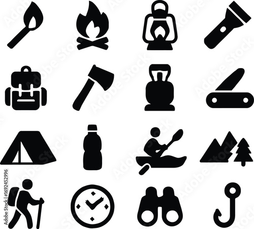 Outdoor adventure travel icons set camping hiking backpacking kayaking equipment symbols