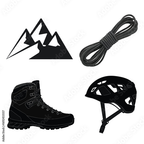 Adventure gear set mountain climbing boot helmet rope and peaks collection silhouette vector illustration white background