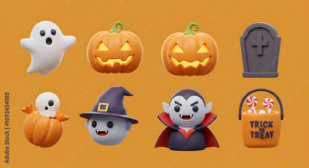 Naklejka premium Cute 3D Halloween Character Icon Set.