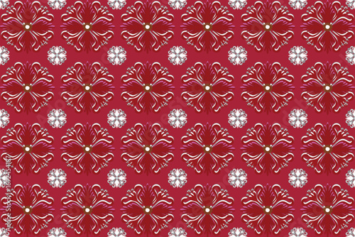 Red fabric pattern with repeating floral motifs, featuring large stylized blossoms with golden centers and smaller white circular flower accents.