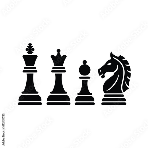 Iconic chess pieces silhouette collection king queen bishop knight strategic game elements silhouette vector illustration white background