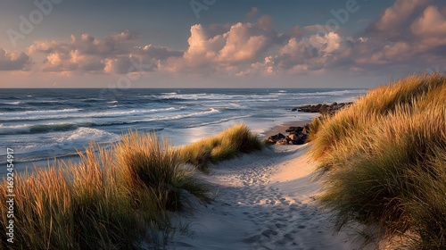 Serene sand dunes with tall marram grass leading to a calm ocean at sunset. The sky is painted with soft pastel colors in this peaceful, photorealistic view.