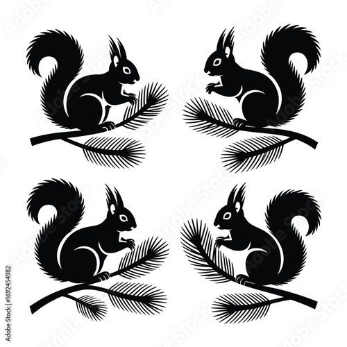 Four black squirrel silhouettes on pine branches artistic design for nature lovers and wildlife art silhouette vector illustration white background