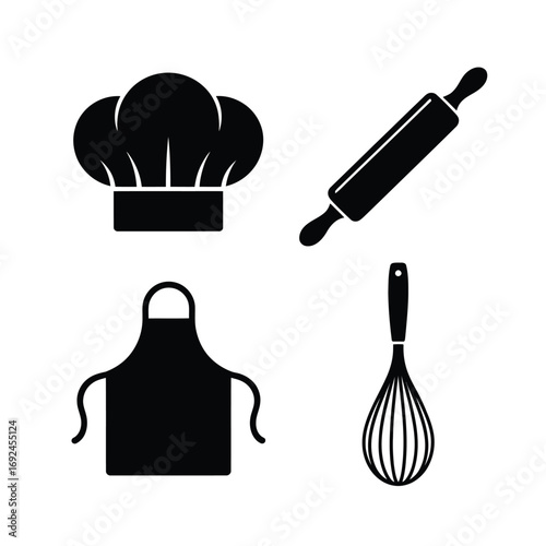 Minimalist silhouettes of chef hat rolling pin apron and whisk for culinary designs silhouette vector illustration white background