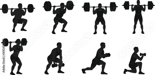 Silhouettes of muscular men and women lifting barbells and dumbbells, performing squats and lunges for strength and fitness.
