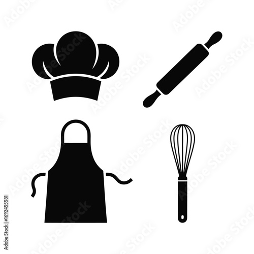 Minimalist kitchen utensils set chef hat apron rolling pin whisk culinary symbols silhouette vector illustration white background