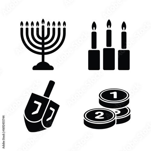 Hanukkah symbols set menorah dreidel candles and gelt icons festive holiday celebration elements silhouette vector illustration white background