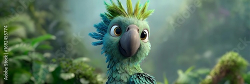 Parrot emoji icon with green-blue feathers and blurred tropical background