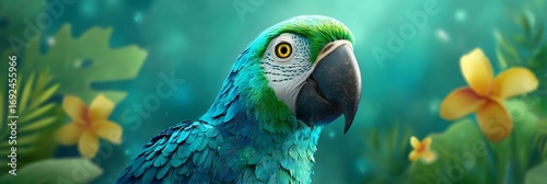 Parrot emoji icon with green-blue feathers and blurred tropical background