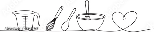 Kitchen tools in continuous one line art style, minimalist black and white vector illustration of utensils for cooking and food prep