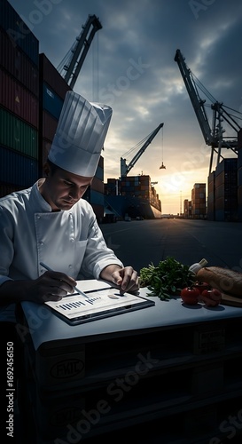 Culinary logistics masterful chef orchestrating gastronomic distribution amidst industrial setting