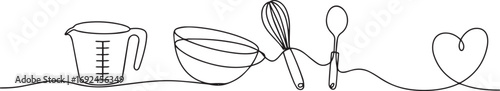 Kitchen tools in continuous one line art style, minimalist black and white vector illustration of utensils for cooking and food prep