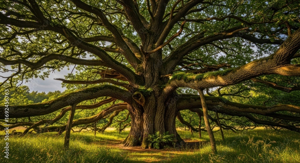 Fototapeta premium Majestic Ancient Oak Tree with Sprawling Moss-Covered Branches in Golden Hour Sunlight