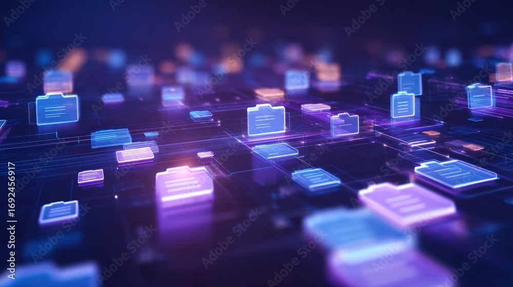 Obraz premium Abstract network grid with files and folders, futuristic software interface, digital document management system, store, search and organize documents, corporate business, paperless office 