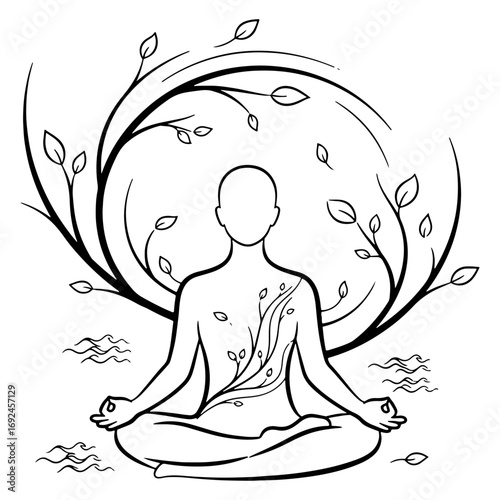 A minimalist black and white vector illustration of a person meditating with nature elements.

