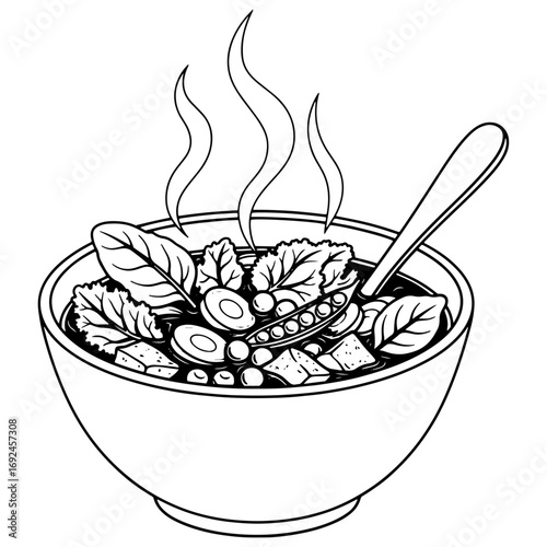 A minimalist black and white vector illustration of a healthy soup bowl with steam.

