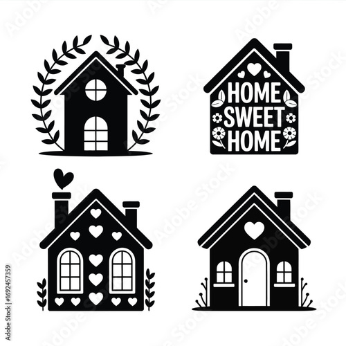 Charming silhouette houses set four decorative dwelling icons for home decor and design projects silhouette vector illustration white background