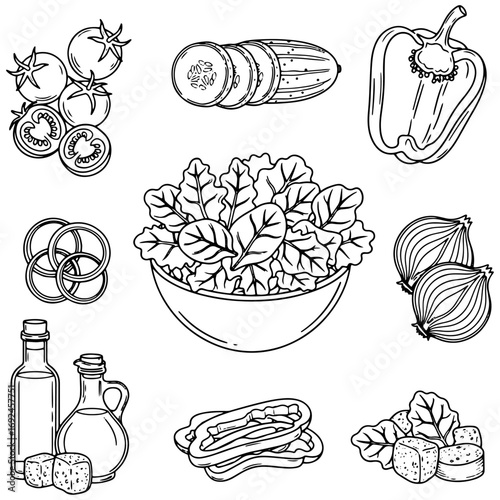  Black and white vector icons set of fresh salad ingredients, including tomatoes, cucumber, bell pepper, onions, mixed greens, dressing, and croutons, all with clean lines on a white background