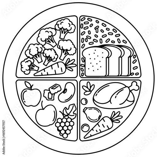 A minimalist black and white vector illustration of a healthy food plate with separate portions for a balanced diet.

