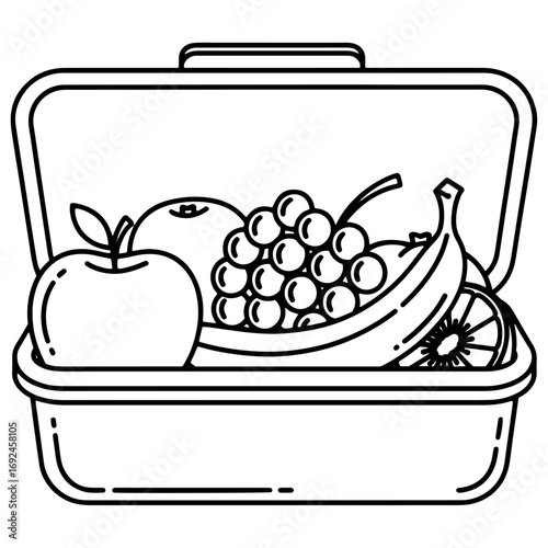 A minimalist black and white vector illustration of a healthy lunchbox with fresh fruits.

