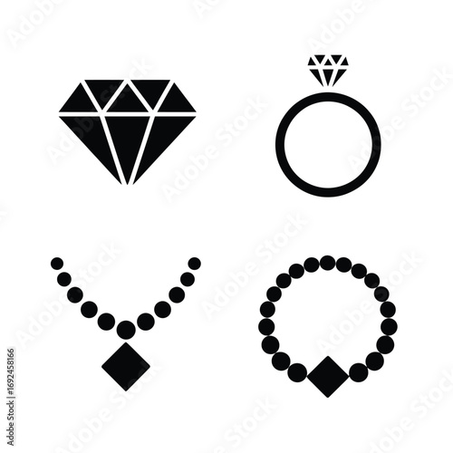 Elegant diamond jewelry icons featuring ring necklace bracelet and gemstone for luxury brands silhouette vector illustration white background