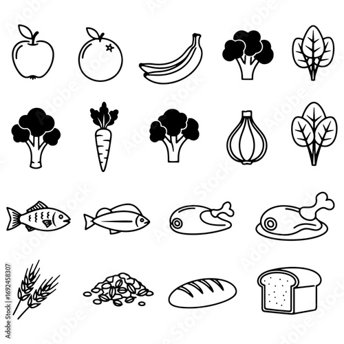  Black and white vector icons pack of healthy and nutritious foods including fruits, vegetables, proteins (fish, chicken), and grains (wheat, bread), with clean lines on a white background.

