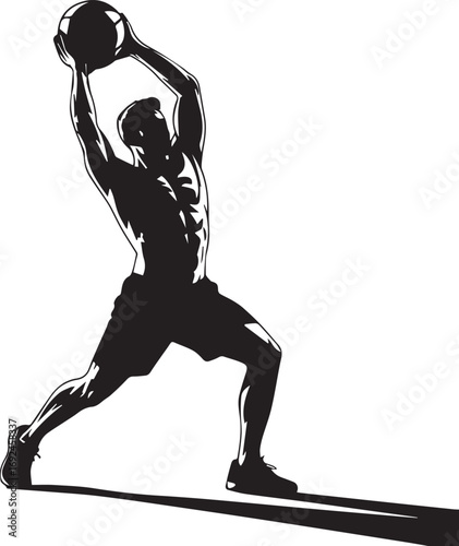 Silhouette of a muscular fitness athlete performing a medicine ball slam exercise dynamic action shot