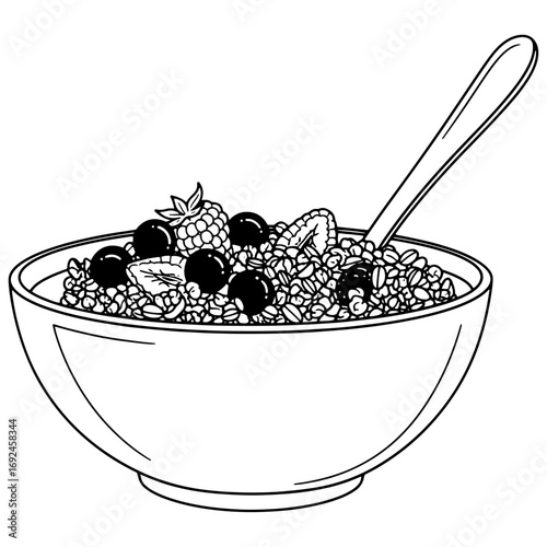 Black and white vector illustration of a healthy breakfast bowl filled with granola, fresh berries (blueberries, raspberries, strawberries), and a spoon, with clean lines on a white background.
