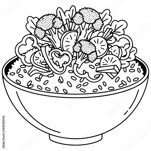  Black and white vector illustration of a healthy bowl of rice topped with fresh, nutritious vegetables including broccoli, bell peppers, and other greens, with clean lines on a white background