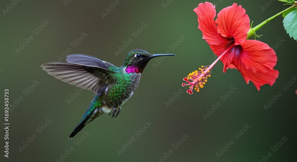 Fototapeta premium A vibrant hummingbird hovers near a bright red hibiscus, its iridescent feathers shimmering in the light, creating a moment of natural beauty