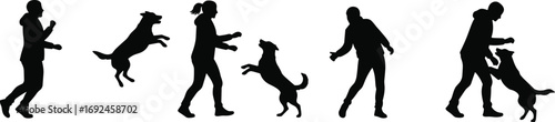Silhouettes of People Playing with Dogs in Action Poses for Pet Training, Dog Behavior, Outdoor Activity Vector Illustration Design