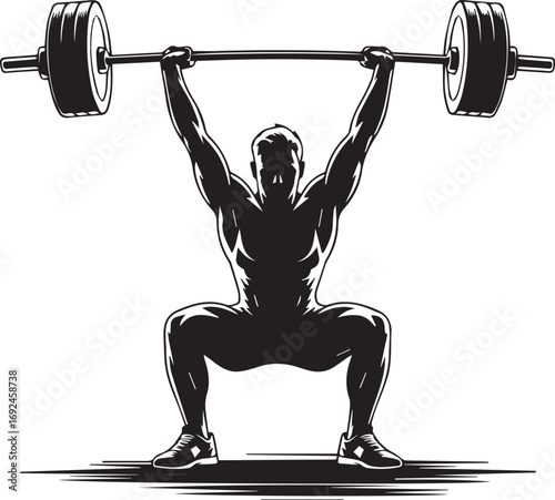 Fitness athlete silhouette lifting heavy barbell in dynamic squat pose for strength training