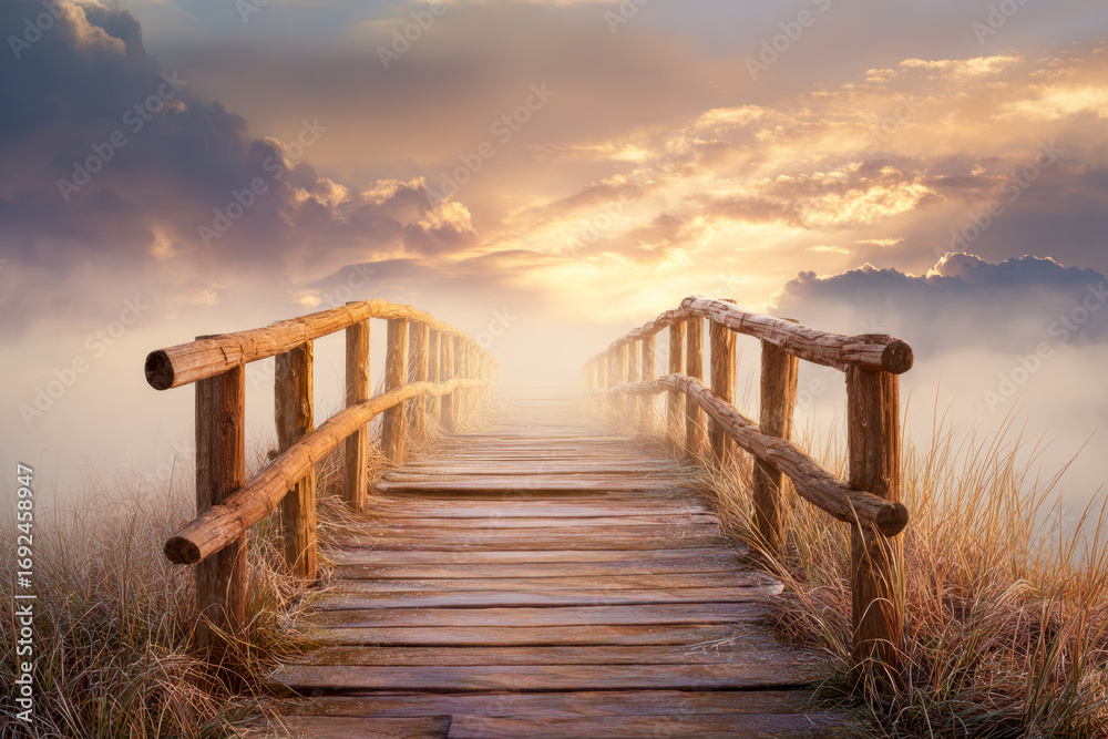 Fototapeta premium Serene sunrise over a rustic wooden bridge leading into a tranquil, misty landscape symbolizing a journey toward peace and new beginnings