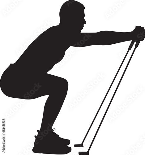 Fitness athlete silhouette performing resistance band squat exercise for strength training