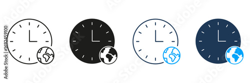 Clock With Globe Line And Solid Icon Set. Global Time Management And World Clock Symbol Collection. International Time Zones And Scheduling. Isolated Vector Illustration