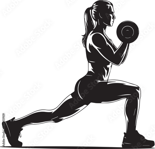 Fit woman silhouette performing dumbbell lunge exercise for strength training and fitness