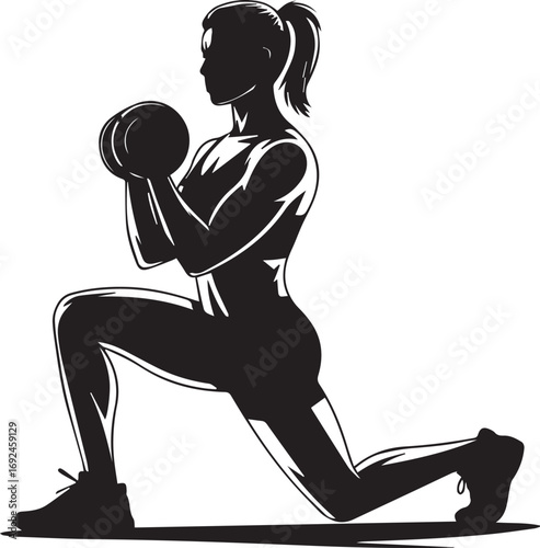 Silhouette of a fit woman performing dumbbell lunges for strength and fitness training