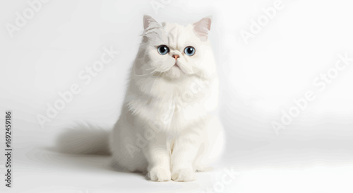 A fluffy white Persian cat with light blue eyes sitting and looking at the camera.