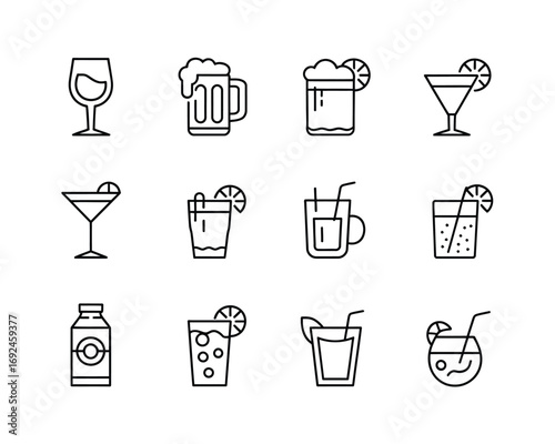 Set of 12 line art icons representing various alcoholic and non-alcoholic drinks for menus and websites silhouette vector illustration white background