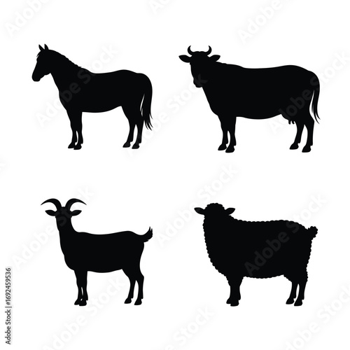 Farm animal silhouettes collection horse cow goat sheep simple graphic design elements silhouette vector illustration white background