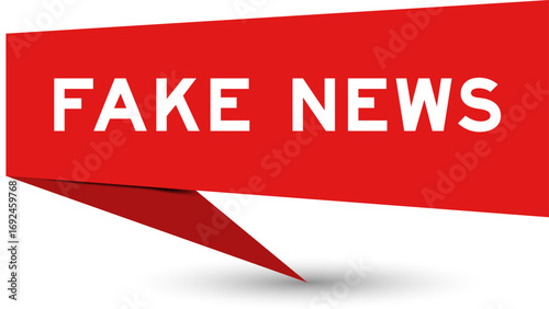 Red color speech banner with word fake news on white background