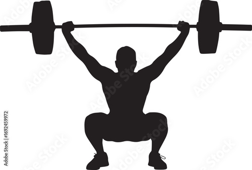 Strong fitness athlete silhouette performing weightlifting squat exercise silhouette on white