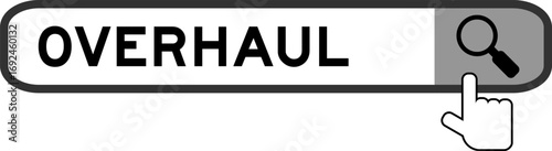 Search banner in word overhaul with hand over magnifier icon on white background