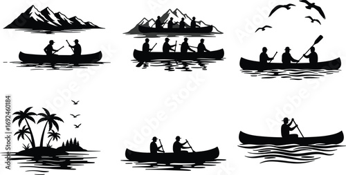 Silhouettes of people canoeing in nature landscapes with mountains, rivers, tropical islands, and birds for outdoor adventure and travel concept.