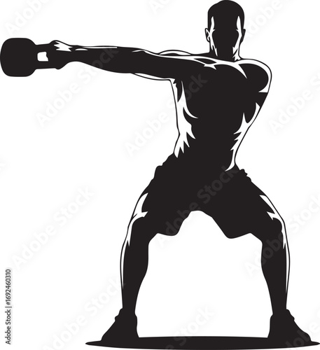 Fitness athlete silhouette dynamic kettlebell swing exercise muscular bodybuilding workout strength training