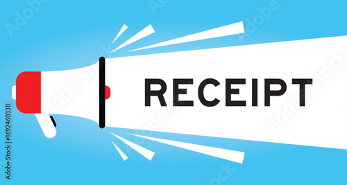 Color megaphone icon with word receipt in white banner on blue background