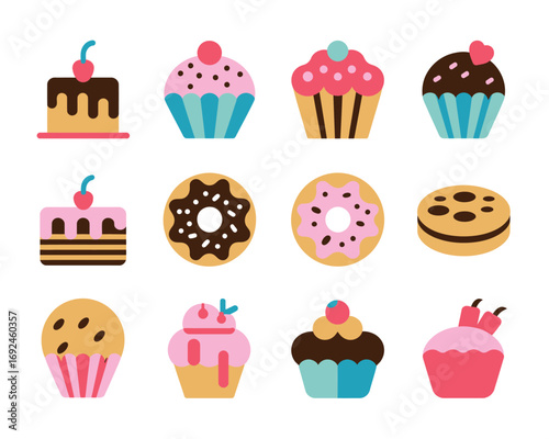 Sweet bakery icons collection featuring delicious cakes cupcakes and doughnuts for food service businesses silhouette vector illustration white background